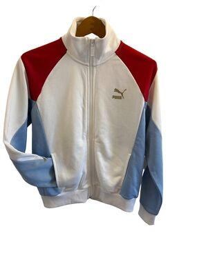 Puma Retro Women’s Color-block White, Red & Light Blue Zip Track Jacket Size S